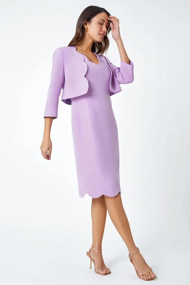 Women Lilac Scallop Edge Plain Shift Dress Roman Dresses