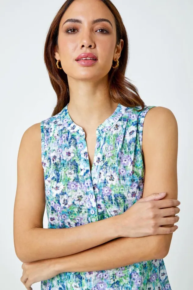 Women Lilac Sleeveless Floral Print Top Roman Tops