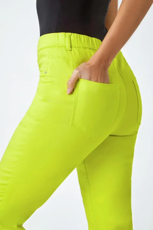 Women Lime Cropped Stretch Elastic Waist Denim Jegging Roman Trousers