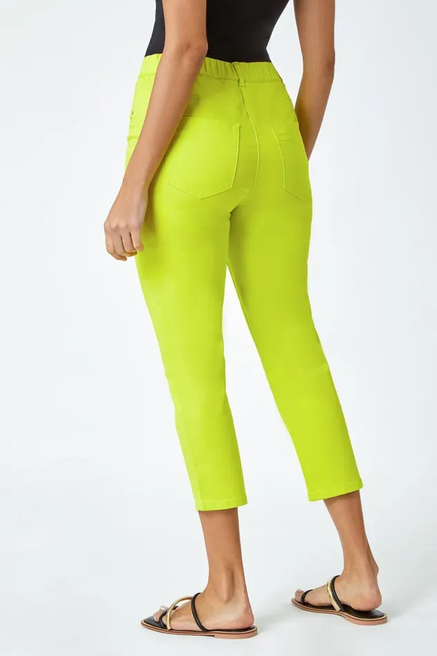 Women Lime Cropped Stretch Elastic Waist Denim Jegging Roman Trousers