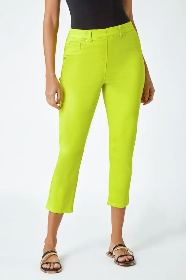 Women Lime Cropped Stretch Elastic Waist Denim Jegging Roman Trousers