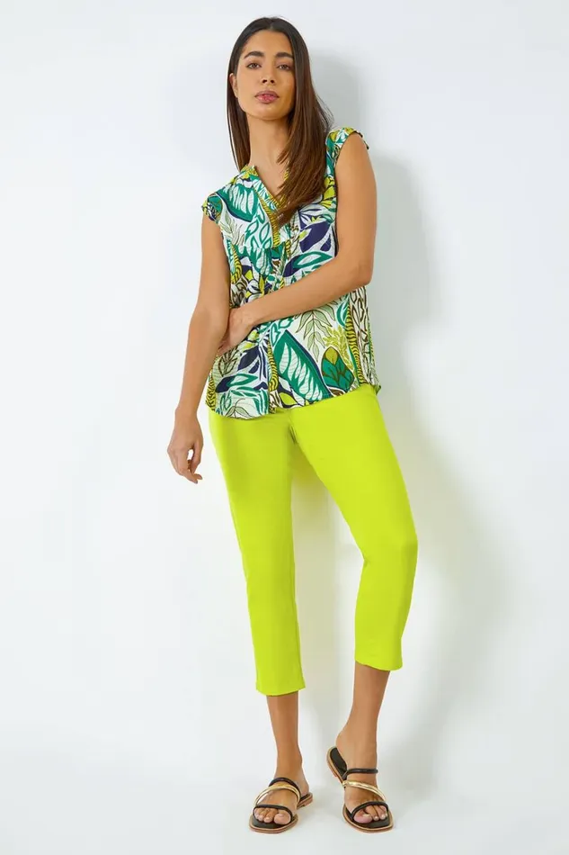 Women Lime Cropped Stretch Elastic Waist Denim Jegging Roman Trousers