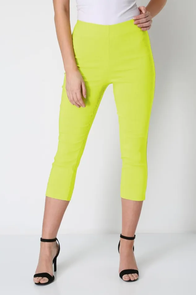 Women Lime Elastic Waist Stretch Cropped Trousers Roman Trousers