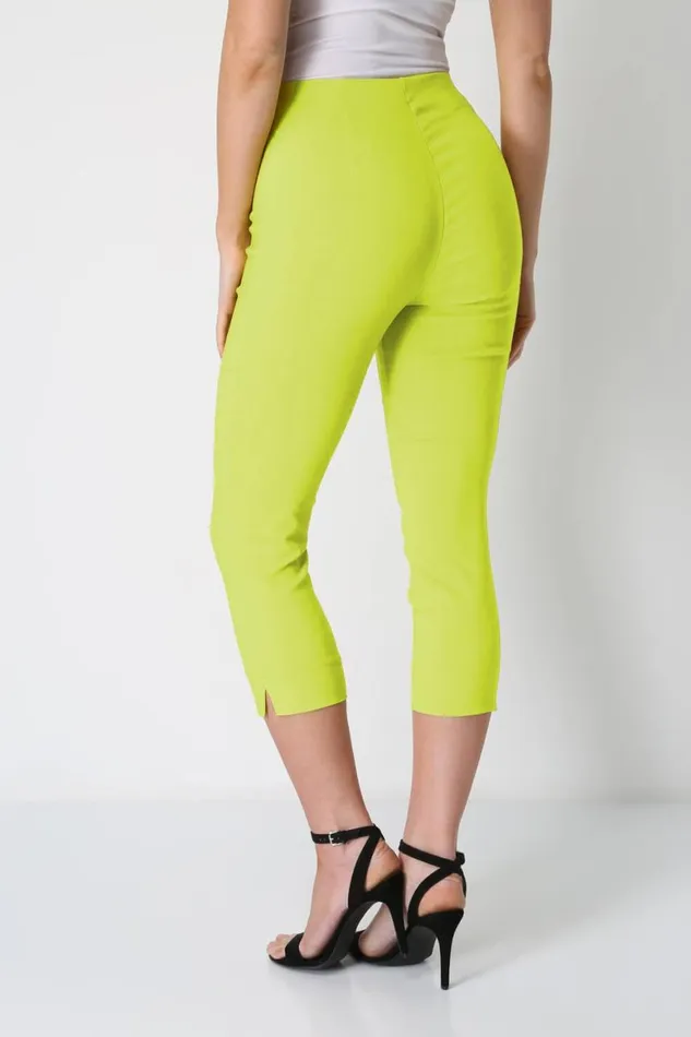 Women Lime Elastic Waist Stretch Cropped Trousers Roman Trousers