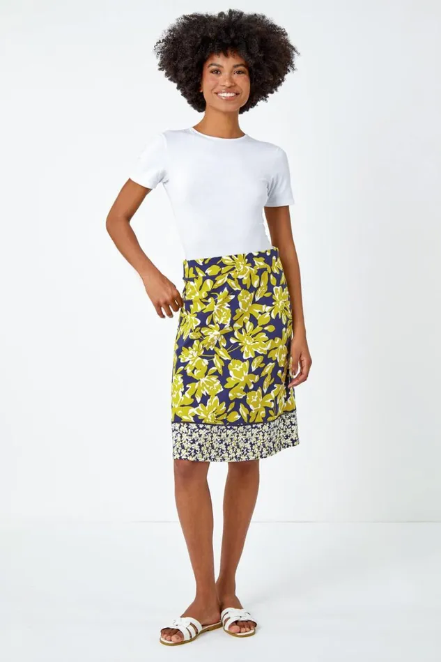 Women Lime Floral Cotton Blend Elastic Waist A Line Skirt Roman Skirts