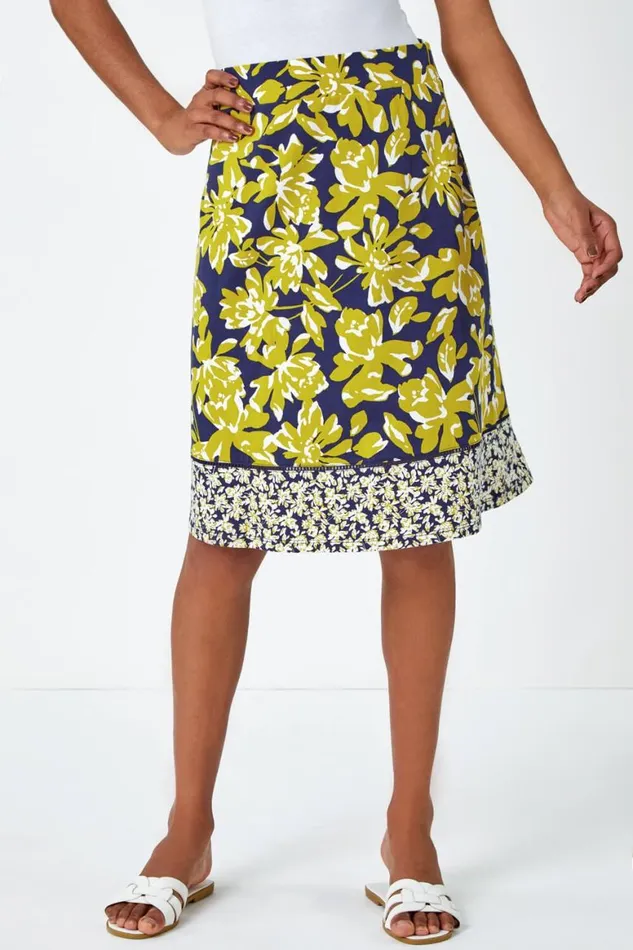 Women Lime Floral Cotton Blend Elastic Waist A Line Skirt Roman Skirts