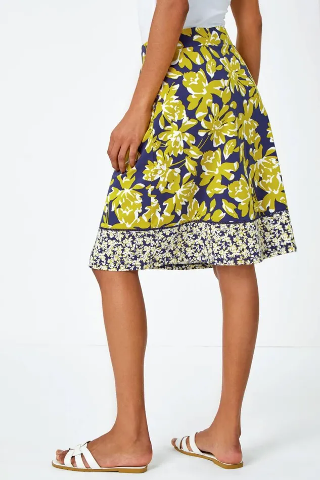 Women Lime Floral Cotton Blend Elastic Waist A Line Skirt Roman Skirts