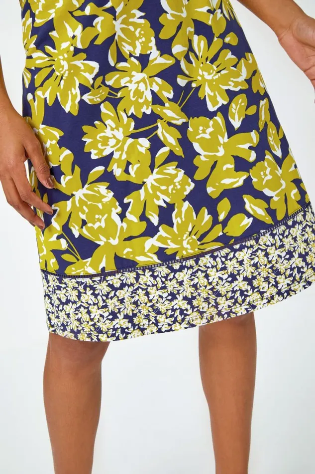 Women Lime Floral Cotton Blend Elastic Waist A Line Skirt Roman Skirts