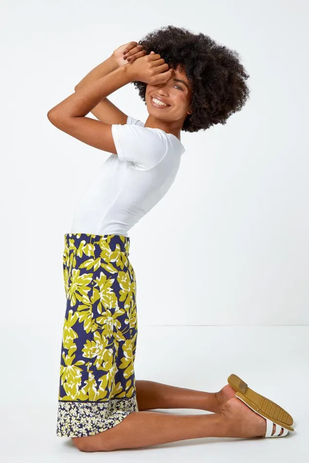Women Lime Floral Cotton Blend Elastic Waist A Line Skirt Roman Skirts