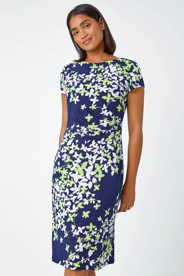 Women Lime Floral Print Shift Stretch Dress Roman Dresses