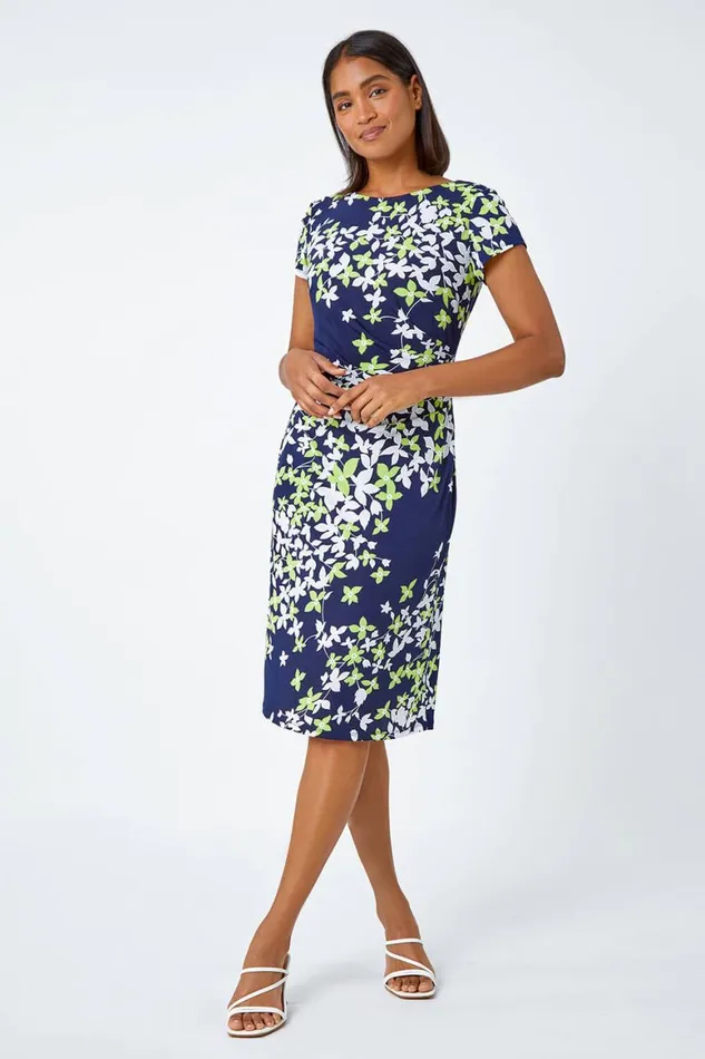 Women Lime Floral Print Shift Stretch Dress Roman Dresses