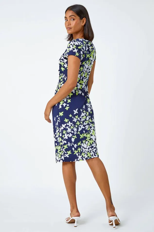 Women Lime Floral Print Shift Stretch Dress Roman Dresses