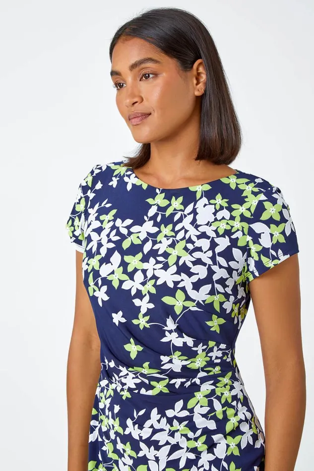 Women Lime Floral Print Shift Stretch Dress Roman Dresses