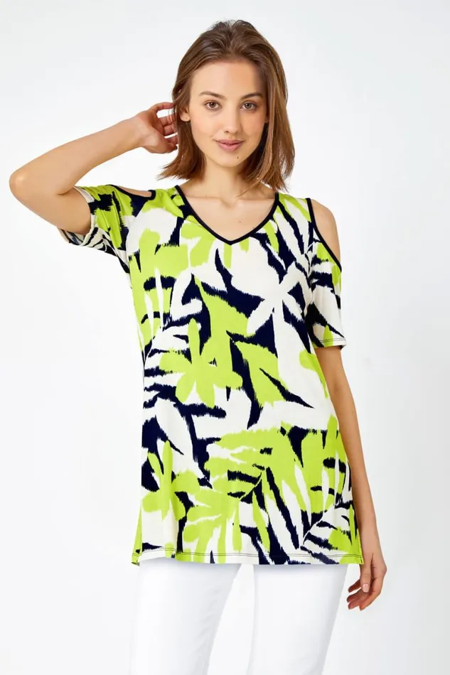 Women Lime Leaf Print VNeck Cold Shoulder Top Roman Tops