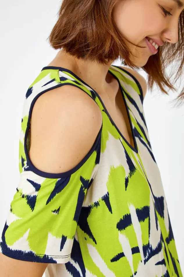 Women Lime Leaf Print VNeck Cold Shoulder Top Roman Tops