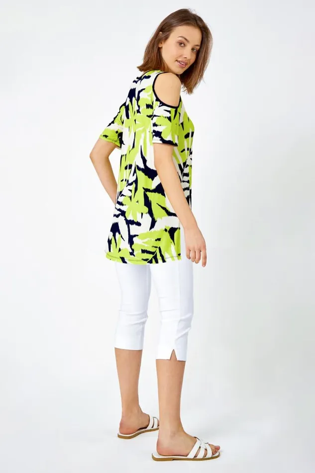 Women Lime Leaf Print VNeck Cold Shoulder Top Roman Tops