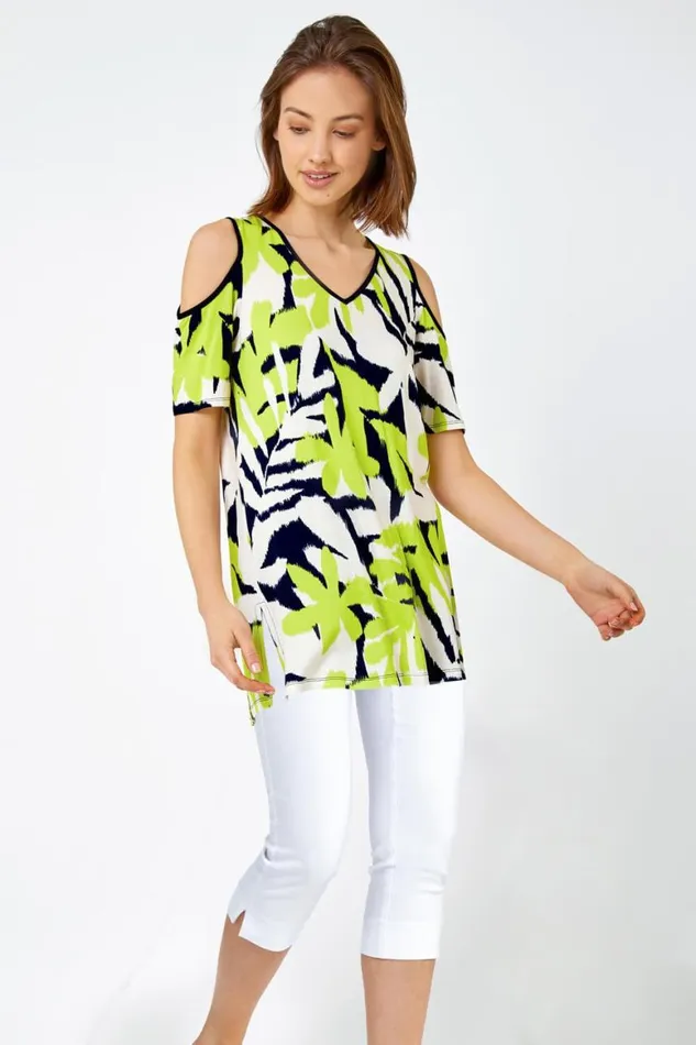 Women Lime Leaf Print VNeck Cold Shoulder Top Roman Tops