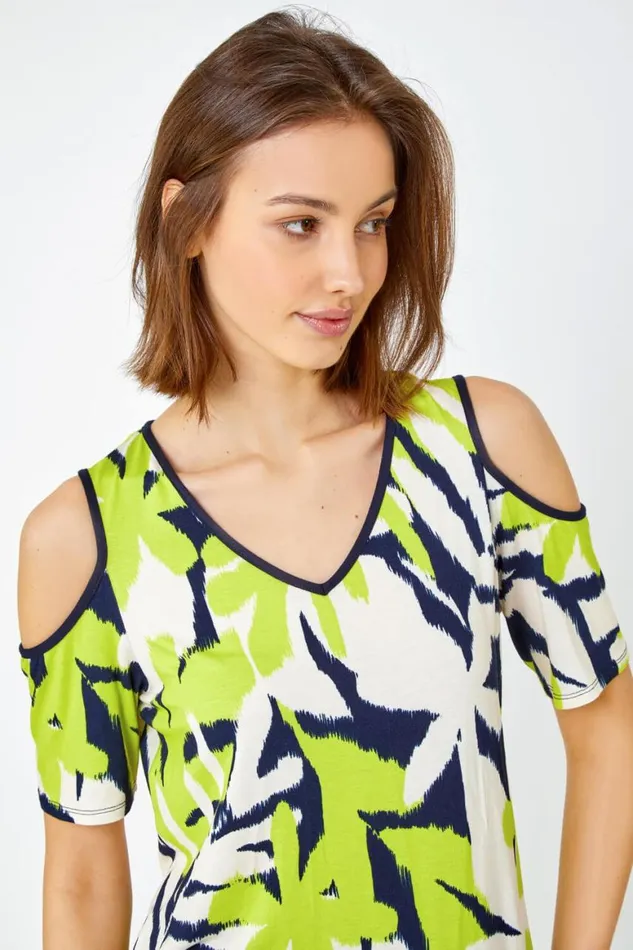 Women Lime Leaf Print VNeck Cold Shoulder Top Roman Tops