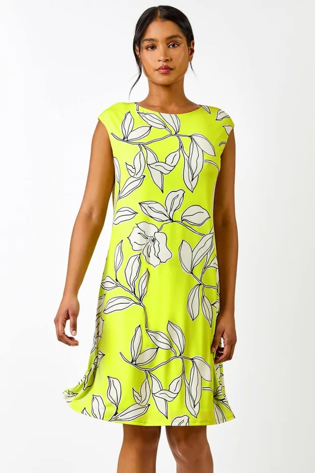 Women Lime Linear Floral Print Swing Dress Roman Dresses