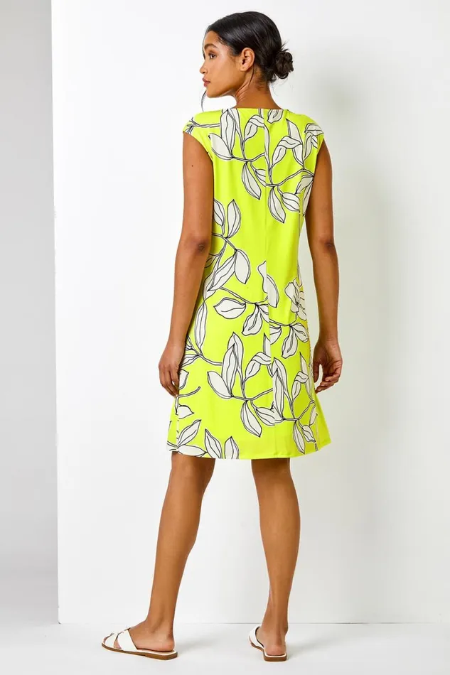 Women Lime Linear Floral Print Swing Dress Roman Dresses