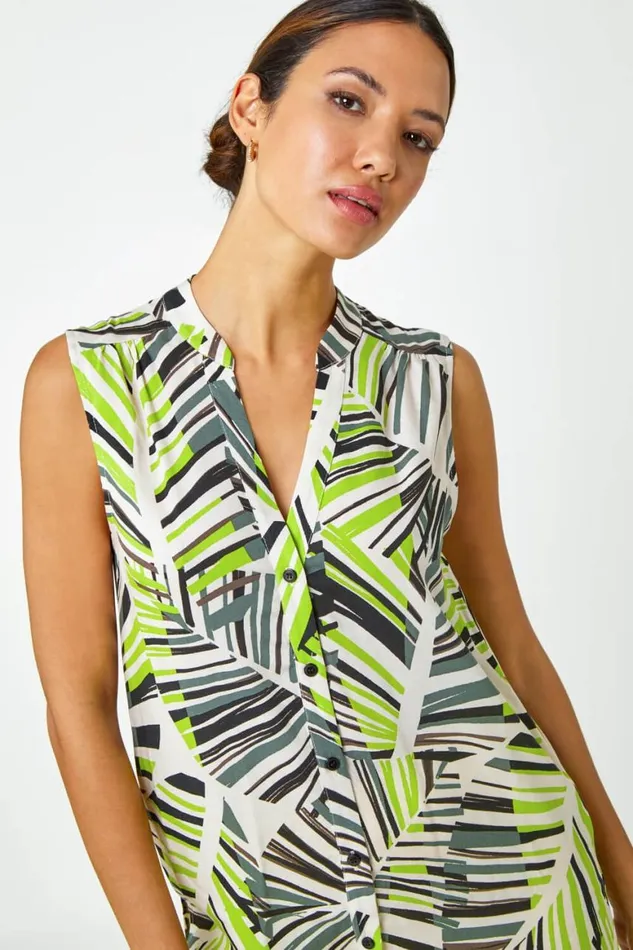 Women Lime Palm Print Notch Neck Button Top Roman Tops