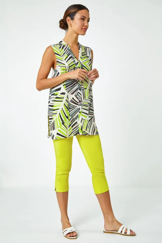 Women Lime Palm Print Notch Neck Button Top Roman Tops