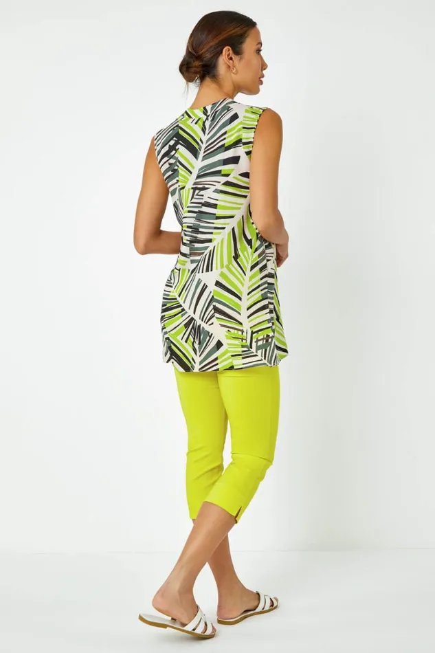 Women Lime Palm Print Notch Neck Button Top Roman Tops