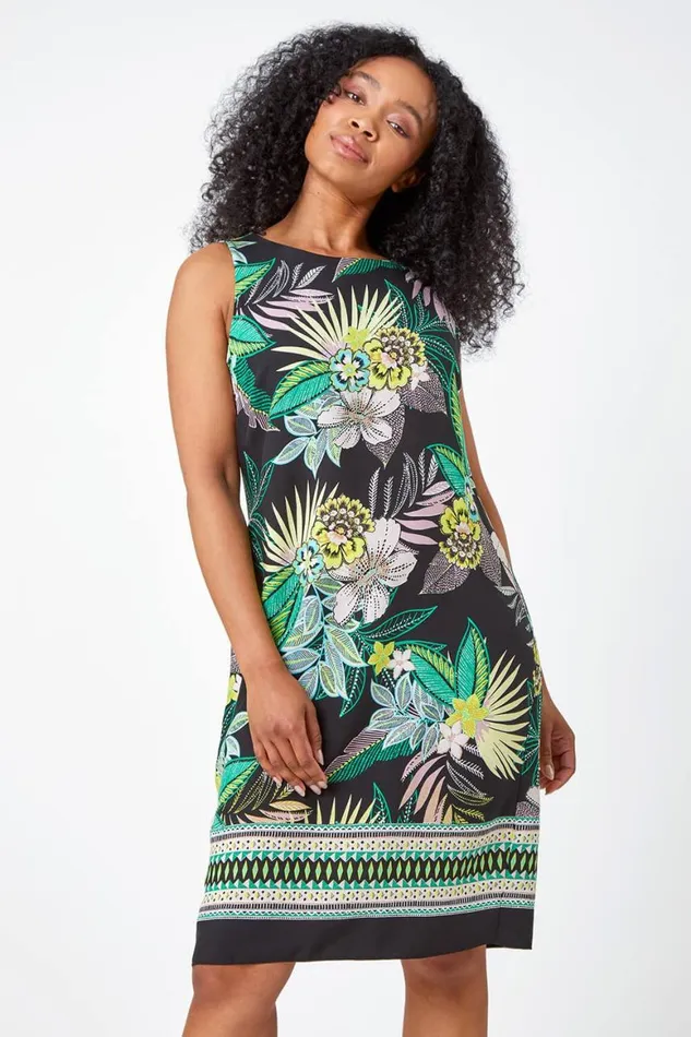 Women Lime Petite Floral Border Print Shift Dress Roman Dresses