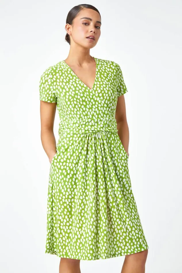Women Lime Petite Spot Print Wrap Stretch Dress Roman Dresses