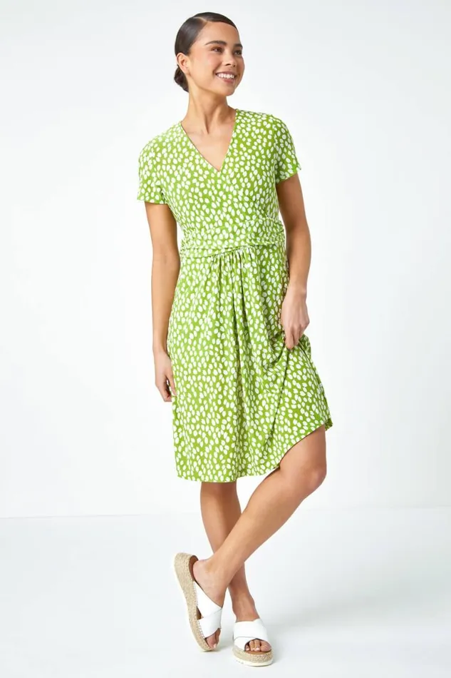Women Lime Petite Spot Print Wrap Stretch Dress Roman Dresses