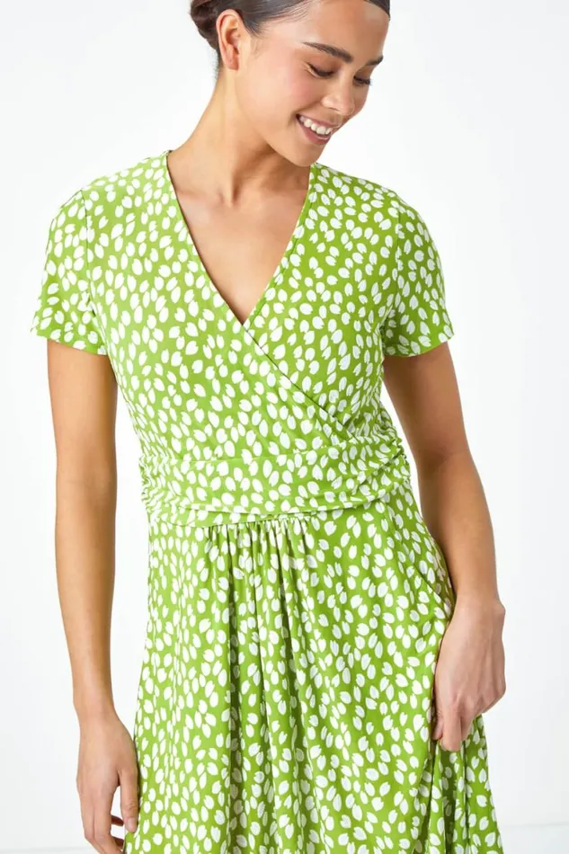 Women Lime Petite Spot Print Wrap Stretch Dress Roman Dresses