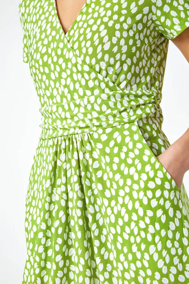 Women Lime Petite Spot Print Wrap Stretch Dress Roman Dresses