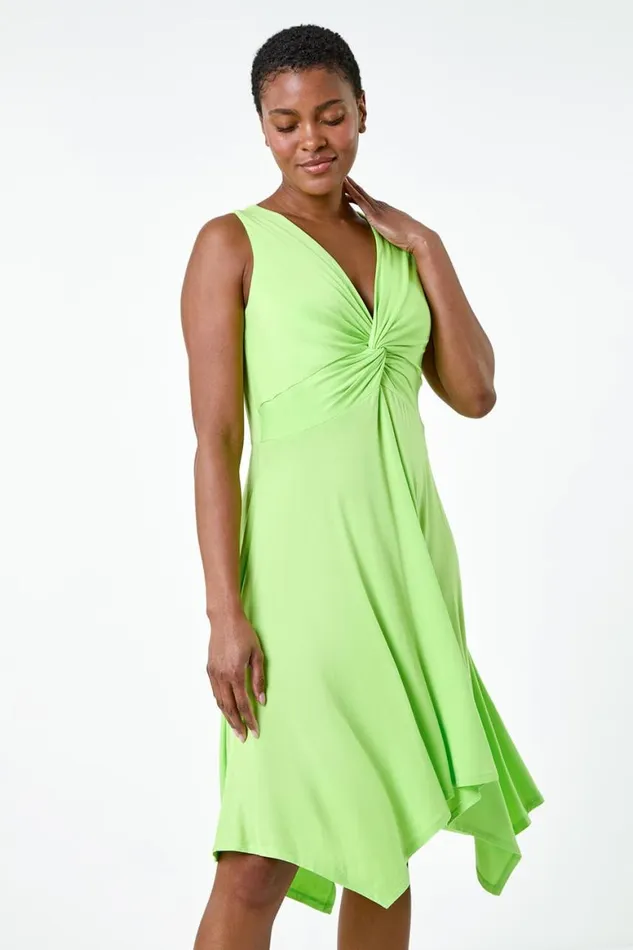 Women Lime Twist Front Hanky Hem Stretch Dress Roman Dresses
