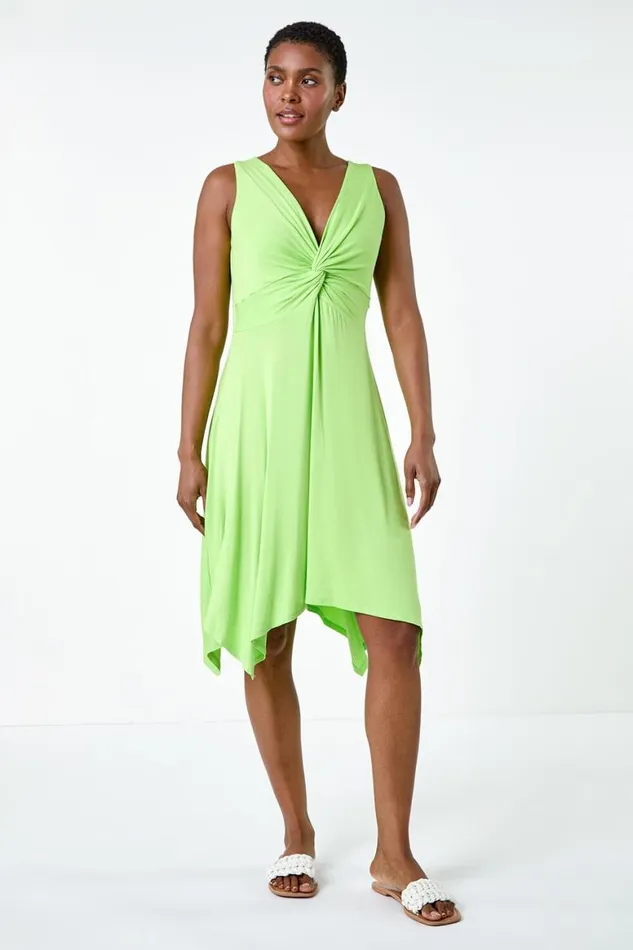 Women Lime Twist Front Hanky Hem Stretch Dress Roman Dresses