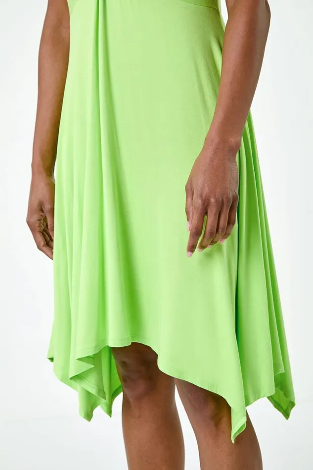 Women Lime Twist Front Hanky Hem Stretch Dress Roman Dresses