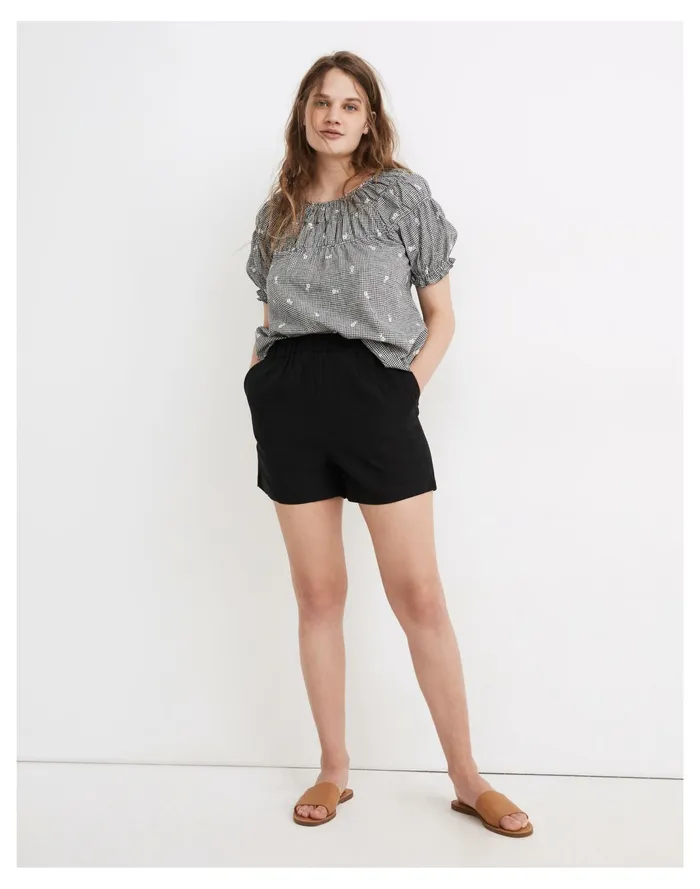 Women Linen Blend Easy Pull On Shorts Almost Black Madewell Shorts