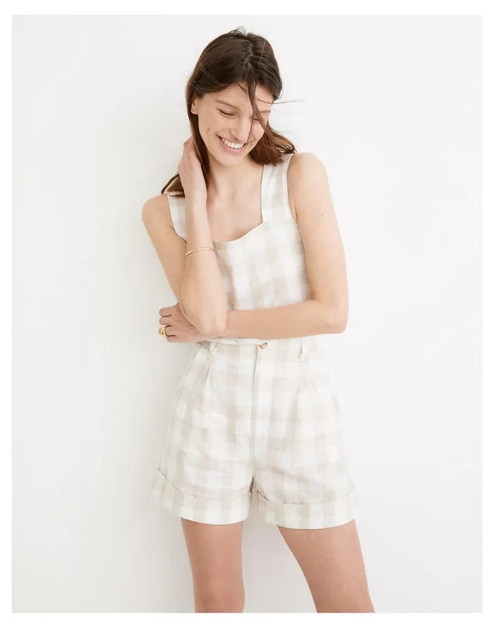 Women Linen Blend Pleated Cuff Shorts Natural Linen Yd Madewell Shorts
