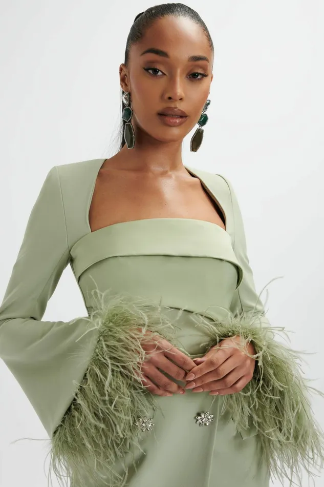 Women LongSleeve Dresses Lavish Alice IONA Fluted Feather Sleeve Blazer Dress In Sage Green Sage Green