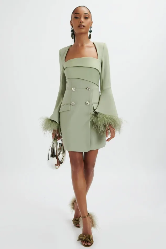 Women LongSleeve Dresses Lavish Alice IONA Fluted Feather Sleeve Blazer Dress In Sage Green Sage Green