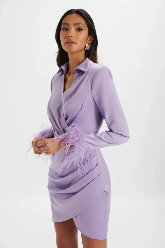 Women LongSleeve Dresses Lavish Alice LAURA Satin Mini Shirt Dress With Feather Cuffs In Lavender Lavender Women LongSleeve Dresses Lavish Alice LAURA Satin Mini Shirt Dress With Feather Cuffs In Lavender Lavender