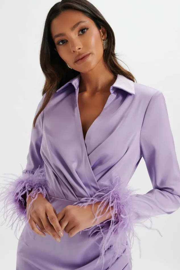 Women LongSleeve Dresses Lavish Alice LAURA Satin Mini Shirt Dress With Feather Cuffs In Lavender Lavender
