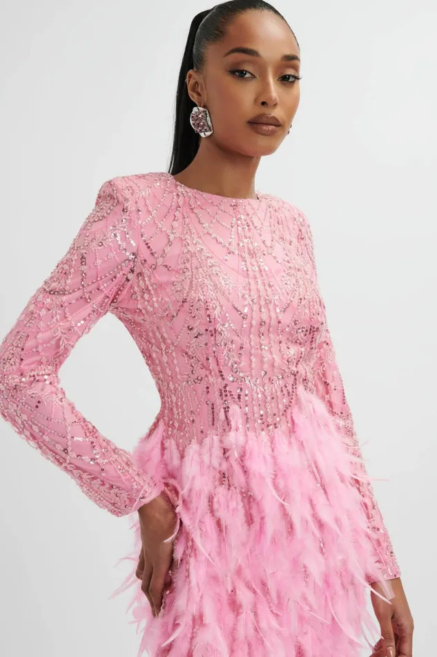 Women LongSleeve Dresses Lavish Alice SELENE Embellished Feather Mini Dress In Pink Light Pink