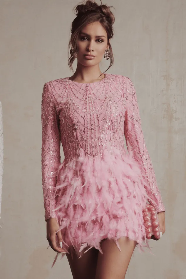 Women LongSleeve Dresses Lavish Alice SELENE Embellished Feather Mini Dress In Pink Light Pink
