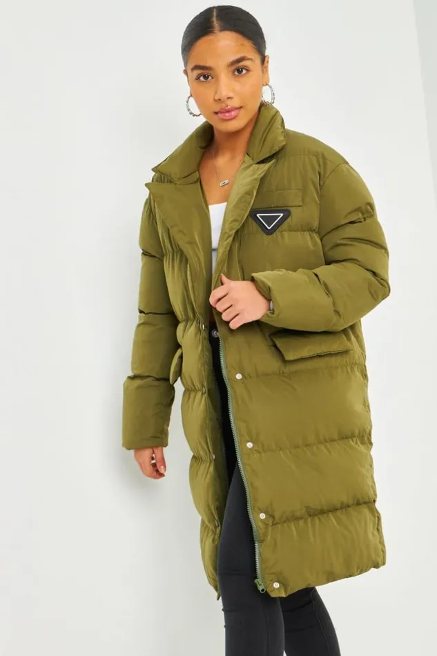 Women Longline Down Jacket With Belt In Khaki Green Brentiny Paris Parkas And Down Jackets