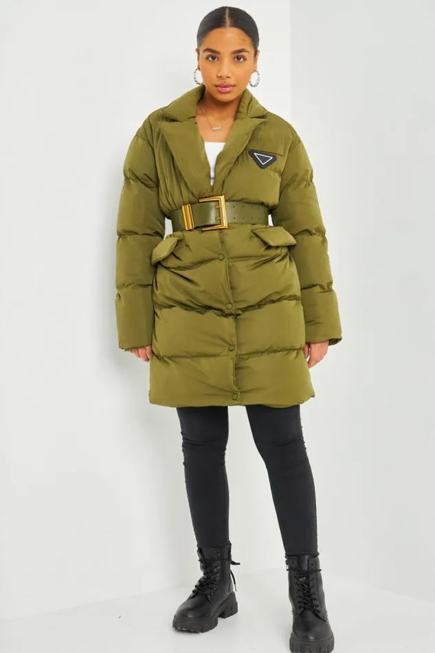 Women Longline Down Jacket With Belt In Khaki Green Brentiny Paris Parkas And Down Jackets