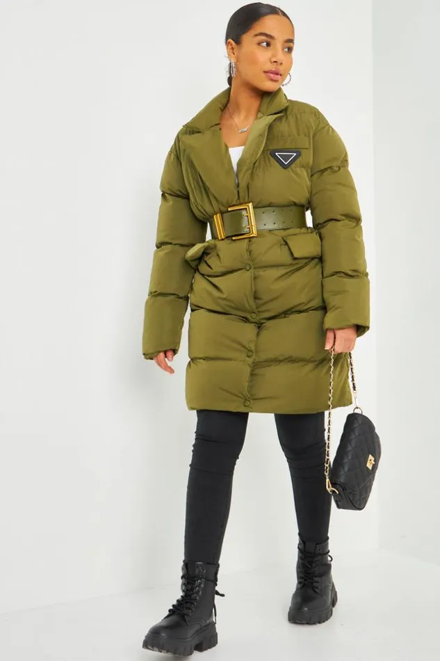 Women Longline Down Jacket With Belt In Khaki Green Brentiny Paris Parkas And Down Jackets
