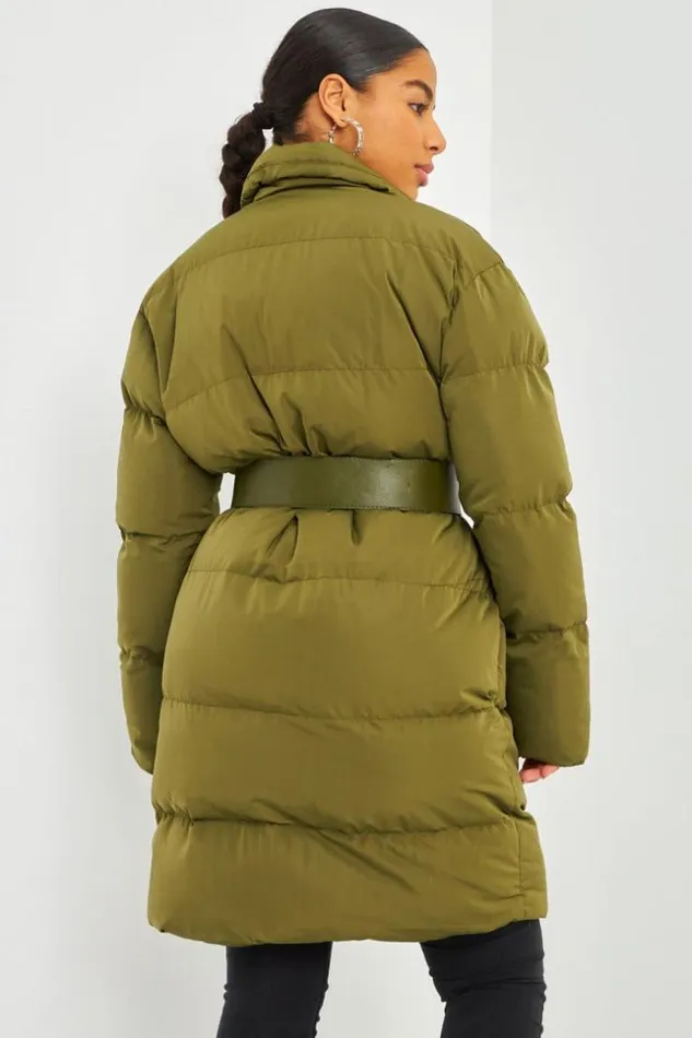 Women Longline Down Jacket With Belt In Khaki Green Brentiny Paris Parkas And Down Jackets