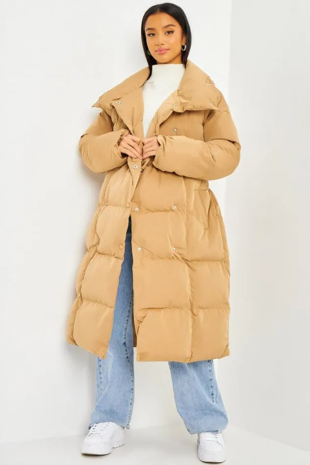 Women Longline Padded Coat With Double Press Studs In Dark Beige Darkbeige Brentiny Paris Parkas And Down Jackets Women Longline Padded Coat With Double Press Studs In Dark Beige Darkbeige Brentiny Paris Parkas And Down Jackets