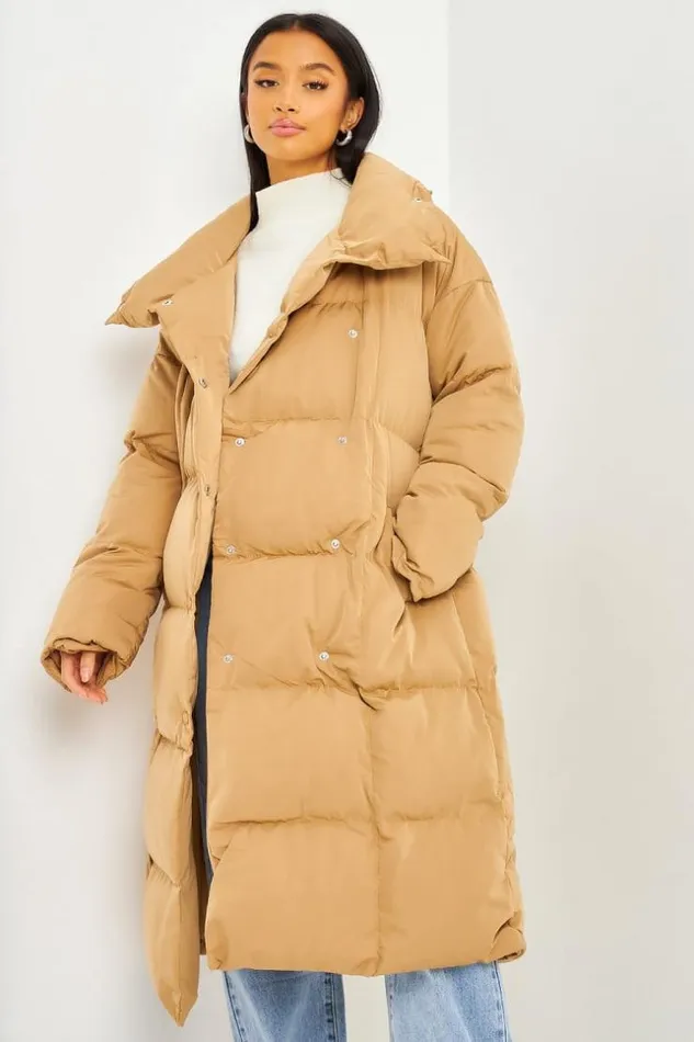 Women Longline Padded Coat With Double Press Studs In Dark Beige Darkbeige Brentiny Paris Parkas And Down Jackets