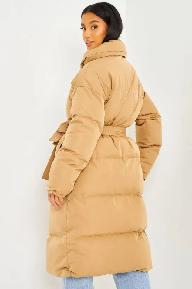 Women Longline Padded Coat With Double Press Studs In Dark Beige Darkbeige Brentiny Paris Parkas And Down Jackets